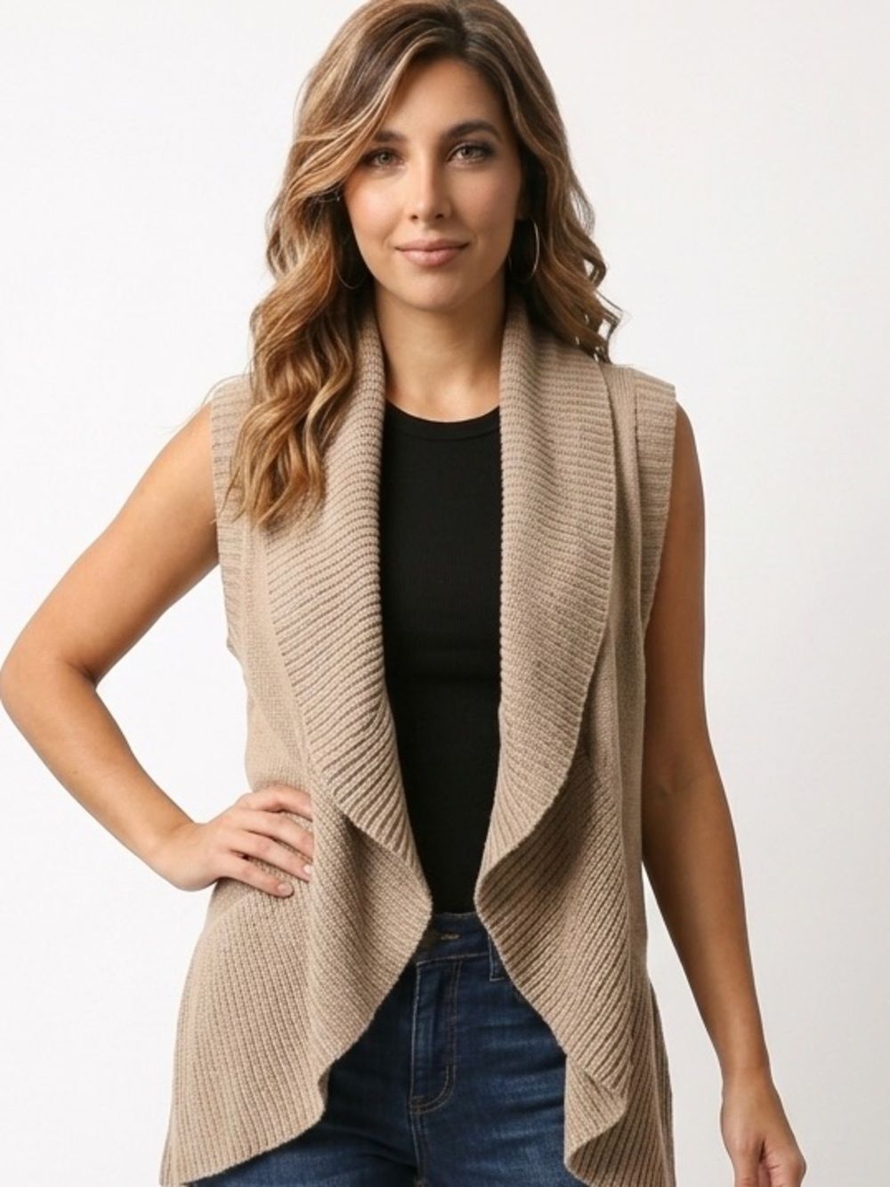 JANICE | NEW Tan Sweater Open Vest Wavy Hem Women’s One Size Fits Most